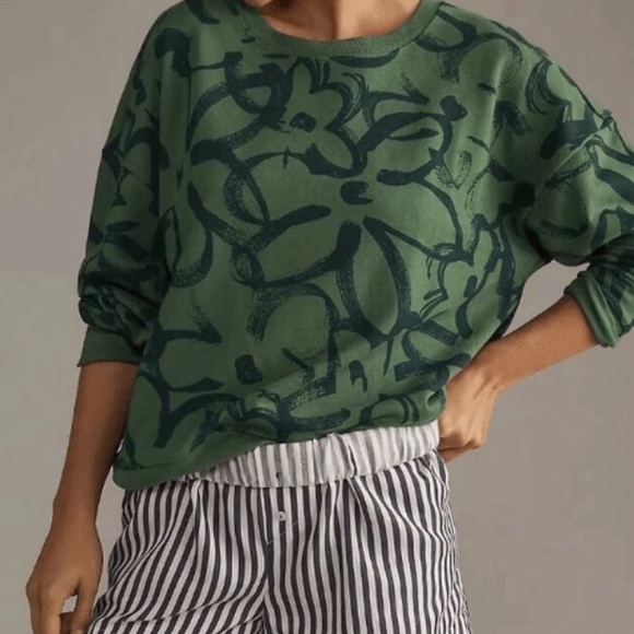 Maeve Sketchy Floral Sweatshirt Women’s 1X Green & Blue Allover Printed Crew - Picture 2 of 8